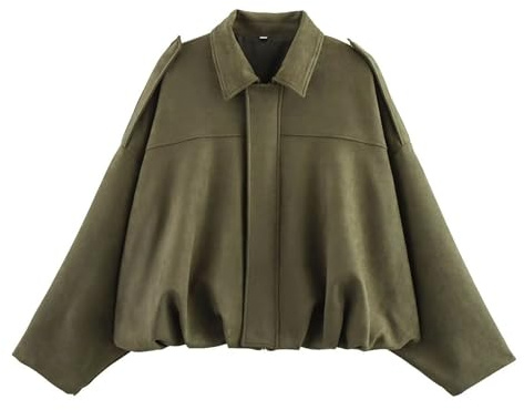 Xunger Women's Faux Suede Bomber Jacket Spring Lapel Pilot Coat Casual Oversized Long Sleeves Trendy Streetwear Outerwear(1026-Green-M-RD)
