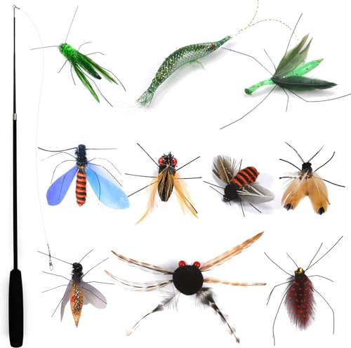 Hjvvr Cat Teaser Wand with 10pcs Cat Insect Feather Toys,Cat Toys,Replaceable Bug Toy for Kitten