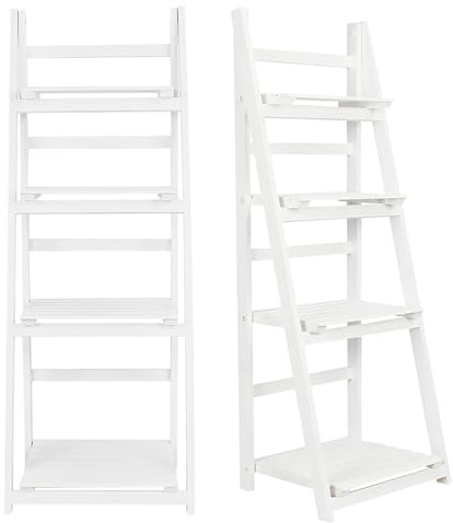 Pretfy 4 Tier Ladder Shelf Display Unit Home Bookcase Stand Plant Flower Storage Rack - Foldable & Sturdy (White)