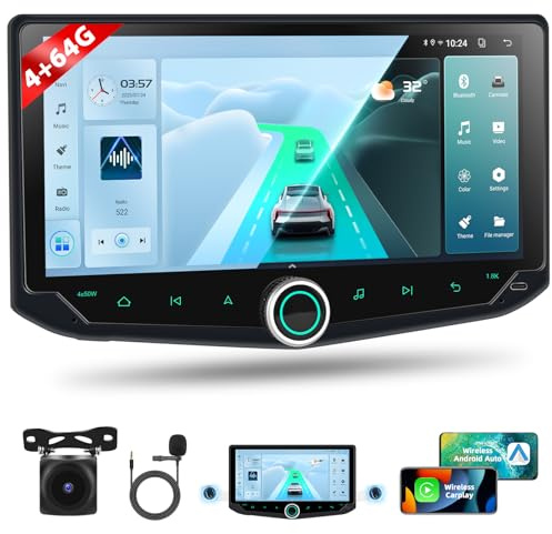 4G+64G Motorsi dubbel DIN-bilradio med trådlös CarPlay/Android bil, 2-DIN-10,88-tums Android-pekskärm bilradio med GPS-navigering, Bluetooth, FM/AM/RDS, WLAN, delad skärm