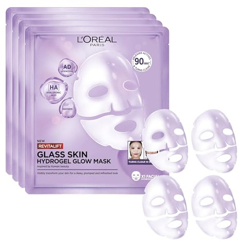L'Oréal Paris - Masque Visage Hydrogel Éclat, Hydratation Intense, Effet Repulpant à l'Acide Hyaluronique, Inspiré de la Skincare Coréenne - Lot de 4 - Revitalift Filler Glass Skin