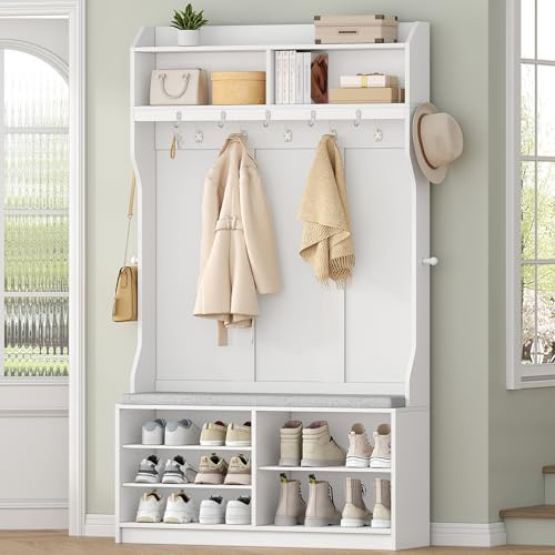 HEXCELEN Garderobenständer mit Schuhbank, Garderobe mit 14 Haken und 7 Offenen Fächer, Verstellbare Regalbretter, für Flure, Eingangsbereiche, Wohnzimmer, 30 x 100 x 183,4 cm, Weiß