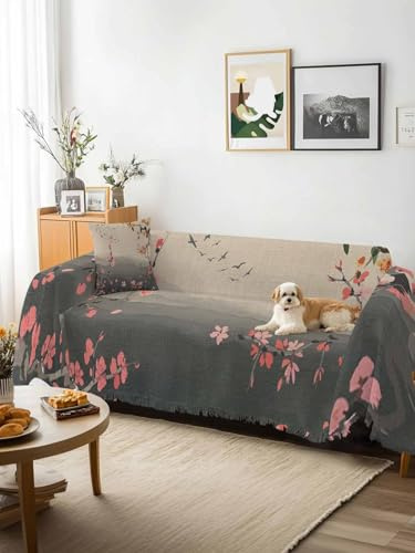 Chinese Ink Painting Sofa Cover Blanket Couch Covers for Armchair Cushion,Couch Sofa Silpcover with Tassel,Pink Peach Blossom Branches Living Room Bedroom Throw Towel Blanket Covers XX-L 71x150