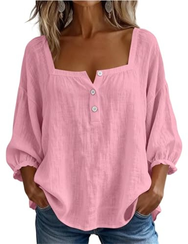 Chemise Lin Femme Été Chemisier Coton Lin Manche 3/4 Boutonné Chemise de Plage Femme Décontracté Hauts Blouse Grande Taille Respirant Chemisiers et Blouses Femmes Chic et Elégant D'été Mode