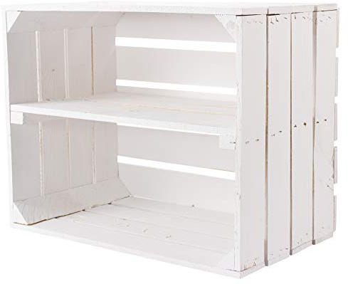 Weiße Kiste für Schuhregal und Bücherregal aus Holz - Obstkiste mit Mittelbrett in shabby chic - neue Holzkiste rustikal - Obstkistenregal Regalkiste Kistenregal Regal Ablagefach 50x40x30 cm