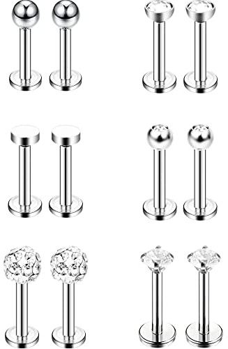 Sumind 16G Flat Back Labret Studs, 12PCS Stainless Steel Cartilage Earrings, Tragus Helix Conch Medusa Lip Piercing Jewelry, Crystal Nose Studs Set, 6 Styles