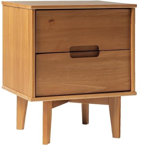 Walker Edison Mid Century Modern Grooved Handle Wood 2-Drawer Nightstand Side Table Bedroom Storage Drawer and Shelf Bedside End Table, 20 Inch, Carame