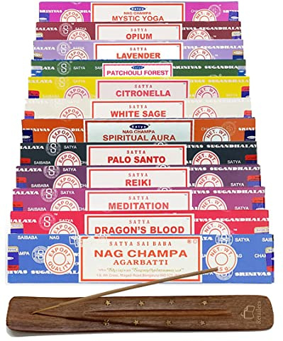 Retailers Satya Lot de 12 paquets de bâtons d'encens Nag Champa, sang de dragon, méditation, forêt de patchouli, Palo Santo, sauge blanche, lavande, citronnelle
