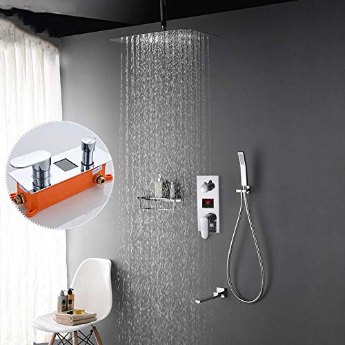 Wieoc 16 inch 3-Functions Digital Display Shower Faucets Rainfall Ultrathin Shower Head In Wall Mount Mixer Tap Concealed Bath Shower