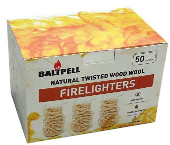 Firelighters Accendifuoco in Lana di Legno di Pino Naturale, inodore ed Ecologico, 50 Pezzi per Scatola. Ottimo per l'accensione del Fuoco in stufe, Barbecue, forni per Pizza e affumicatori.
