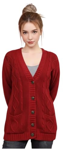 LUXE DIVA New Womens Everyday Long Sleeve Button Top Ladies Chunky Aran Cable Knit Grandad Cardigan Red, 16-18