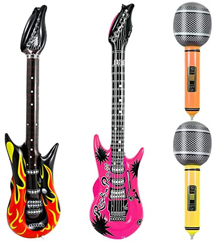 4Pcs Inflatable Guitar and Microphone Balloons Blow Up Guitars Inflatable Musical Instruments Balloons Inflatable Party Props Inflatable Rock Star Toy for Adult Kids Fancy Dress Accessory Party Decor