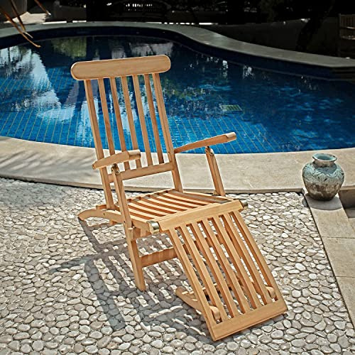 OTSUN Foldable Lounge Chairs for Outside, Weather-Proof Patio Chairs with Adjustable Backrest & Footrest, No Assembly Teak Chaise Lounge, Solid Grade-A Teakwood Steamer Deck Chair