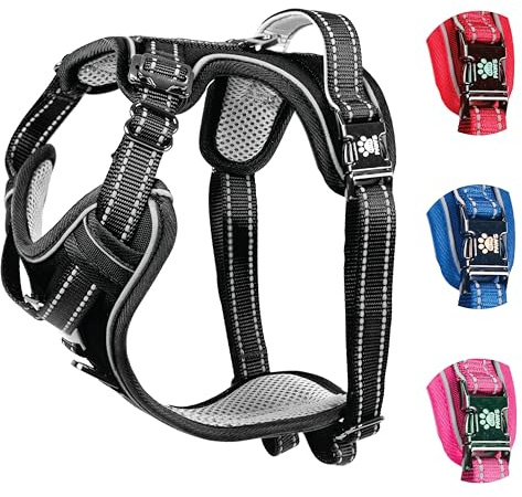 Elite Paws® UK Padded Dog Harness, Metal Buckle, Reflective (Black, XL) | Front & Back Lead Clips, Soft Grab Handle, Padded & Adjustable, Strong Metal Buckle, Reflective Walking & Training Vest