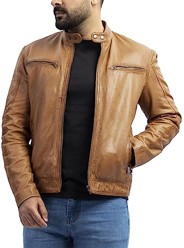 SHOP OF JACKETS LIMITED Veste en cuir véritable marron marron motard moto vintage doux véritable peau d'agneau, marron ,, XL