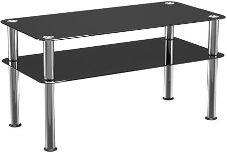 AVF Black Glass Coffee Table, 80x40x42cm, Lower Shelf | tempered safety glass for daily use; lower shelf for living room storage; tool-free assembly for quick setup