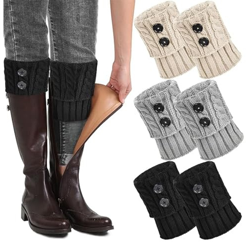 MUNSKT 3 pairs Ankle warmers for Women winter Ankle boot socks button design Short Soft Knitted Twist Boot Cuffs Toppers Socks Leg Warmers for Girls Ladies Adults