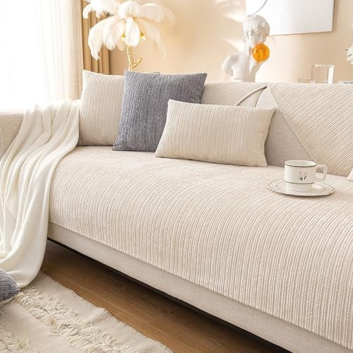 Klubbglödlampor sofffilt, sofftäcken för sits, soffskydd, halkfri, sofföverdrag, chenille-sofföverdrag, sofföverdrag, sofftäcke, sofffilt, krämvit, 90 x 210 cm