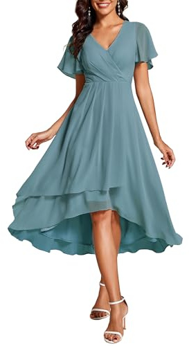 Ever-Pretty Abito da Ospite Scollo A V Maniche A Volant Gonna A Trapezio Abiti Cerimonia Donna Eleganti Blu Polveroso 44