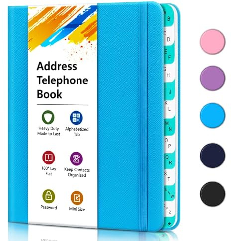 Carnet d'adresses avec onglets alphabétiques, carnet d'adresses et de téléphone pour garder les contacts organisés, livre cartonné en petits et gros caractères, adapté à la maison et au bureau，Blue