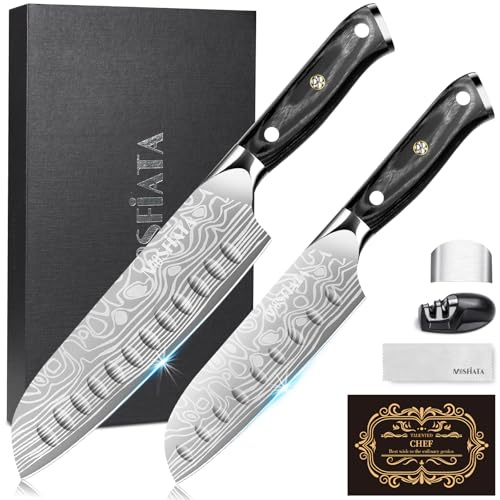 MOSFiATA Santoku Kitchen Knife Set, 2Pcs Sharp Chef Knives Sets High Carbon German EN1.4116 Stainless Steel, 5.5&7 Chopping Cooking Knife Kitchen Knives with Sharpener, Finger Guard Gift Box