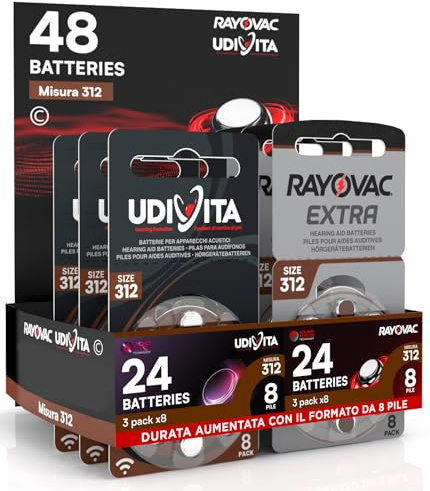 48 Batterie Misura 312 per Apparecchi Acustici Auricolari PR41 (Marroni - Zinco Aria) con Phono Pulse Technology per Amplificatore Acustico - 48 Pile: 24 Udivita + 24 Rayovac
