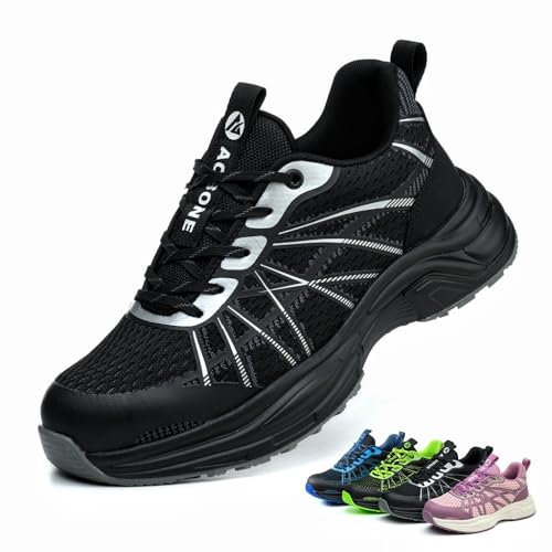 AOACOEBN Sicherheitsschuhe Herren Damen Arbeitsschuhe Leicht Sportlich Stahlkappenschuhe rutschfest Atmungsaktiv Schutzschuhe, Schwarz, 43 EU
