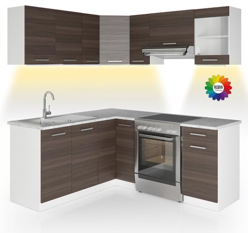 Vicco Cucina angolare completa Rick, Grigio nobile, 167 x 60 cm, PL Marmo con striscia LED