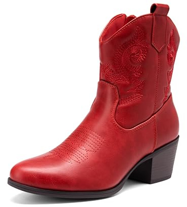 DREAM PAIRS Women's Block Heel Round Toe Ankle Boots,Red,7