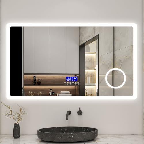 AICA Miroir Salle de Bain 140 x 80cm, Bluetooth + 3 Couleurs + dimmable + grossissant + Horloge + Anti-buée + mémoire, Miroir Lumineux