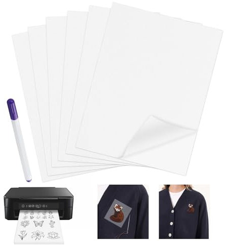 VMUTGA 6 Stück Stickvlies Wasserlöslich, A4 Wasserlösliches Stickvlies Selbstklebend Stickvorlagen Wasserlöslich Stoff Bedruckbar Sticken Zubehör mit Stift für DIY Stickerei Maschinensticken Handnähen