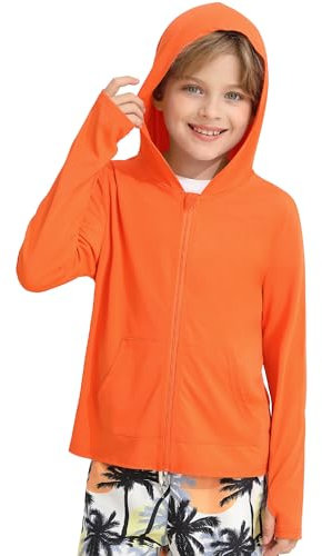 Hotfiary Jungen Rash Guard Shirt, Kinder Sommer Hoodie Jacke leicht, Langarm Zip Up Sweatshirt mit Daumenloch und Tasche, UPF 50+ Sun Shirt Schwimmen Laufen Wandern Radfahren Workout Tops für 5-14Y
