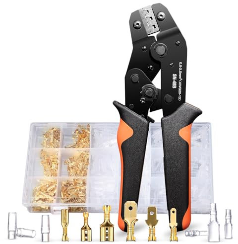 Goldeluxe Crimpadora terminales eléctricos 0.5-2.5mm²,Con 300 juegosTerminales eléctricos planos,Alicates de crimpar para tres tamaños de Terminales cables eléctricos,Alicates de terminales(AWG20-13)