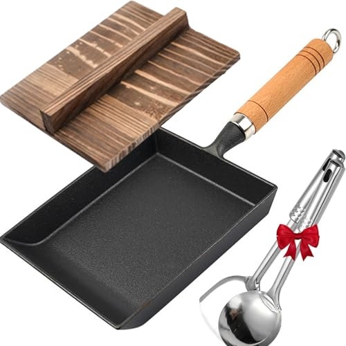 Gyagalre Japanische Eisenpfanne Mit Schaufel und Löffel,Uncoated Iron Pan, Traditional Iron Pan for Healthy Cooking, No Chemical Coating Rustproof and Easy to Clean (15 * 20 quadratische Pfanne)
