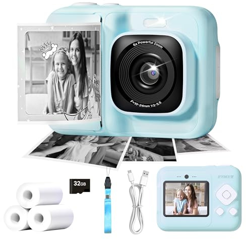ETIKEZ Kids Camera, 1080P Instant Digital Print Camera for Kids, Christmas Birthday Gifts for 4 5 6 7 8 9 10 Year Old Girls Boys, Portable Toy with 1 Pack 32GB SD Card & 3 Pack Printing Paper, Blue