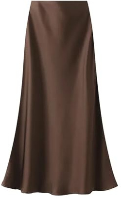 JMORCO Falda Saten Falda Larga de satén con Cintura Alta for Mujer, Falda de Verano Elegante de Seda, Ajustada, Lisa, Color champán y Negro, Informal, de Corte A.(Brown,XL)