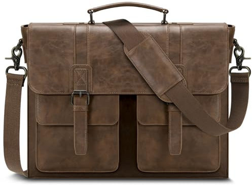 RAINSMORE Messenger Bag Briefcase for Men Waterproof PU Leather Laptop Bag 15.6 Inch Vintage Satchel Bag for Work Business Office College Dark Brown