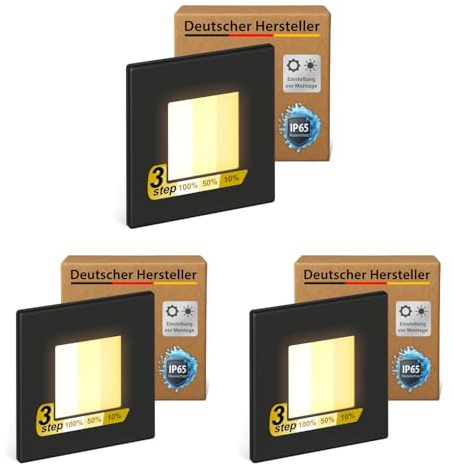 ledscom.de Luminaire d'escalier/encastré mural à 3 LED FEMA pour l'intérieur et l'extérieur, carré, noir, 80 x 80 mm, blanc chaud