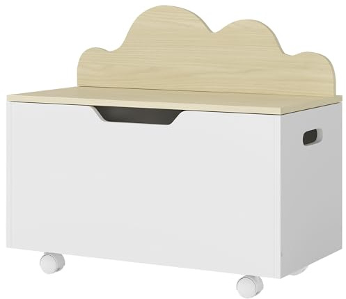 AIYAPLAY Coffre à jouet enfant sur roulettes, coffre de rangement enfant avec couvercle rabattable, charnières de sécurité, rangement jouet pour filles et garçons, 59 x 30 x 53 cm, blanc