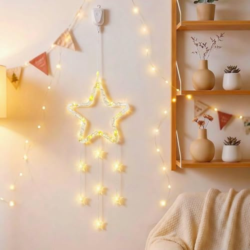 HHMTAKA Luz LED de ventana de estrella de Navidad, 8 modos de temporizador de luz parpadeante, luces colgantes recargables para fiestas, tiendas, ventanas, decoración de Navidad, interiores y