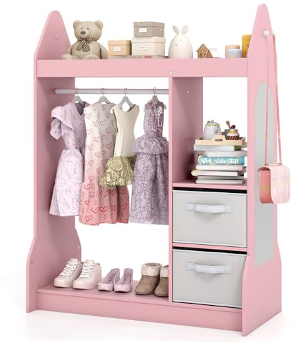 COSTWAY Kids Dress up Storage, Children Wardrobe with Mirror, Clothes Rail, Storage Shelf, 2 Fabric Boxes, Closet Armoire Dresser for Kids Room Playroom (Pink)