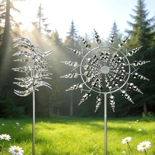 Wxeadu Einzigartige und Magische Metall Windmühle, 3D Metall-Windmühle, Edelstahl Windrad GartenMetall, MagischeWindmühle, Wind Spinner Garten für Garten, Terrasse, Landschaft Dekoration (Silbern, C)