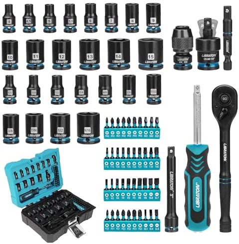 LIBRATON Set Chiavi a Bussole da 1/4 Pollice 71 Pezzi, Set Bussole e Inserti SAE e Metrici, kit Compatibile con Avvitatori a Impulsi con Cricchetto 90 Denti, Impugnatura Girevole, Kit Riparazioni Auto