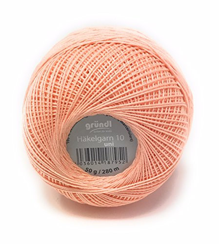 Gründl Häkelgarn 10 Brandneu, Filethäkelgarn, 100% Baumwolle (mercerisiert, gasiert, gekämmt), 50 Gramm Knäuel = 280 Meter LL, 20 tolle Farben, (06 lachs)