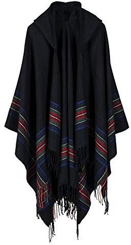 DAIHAN Élégant Poncho Cape à Capuche Tartan Style Rétro Poncho pour Femme Homme Pélerine Tricoté avec Frange Chaud Manteau par Laine Artificiel Épais chaud