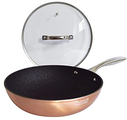 PINTINOX Wok Metallic 28 cm in alluminio forgiato, capacità 3,6 L, antiaderente, con coperchio in vetro