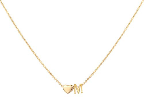 Glimmerst 18K Gold Plated Stainless Steel Initial Heart Necklace - Women's Personalized Monogram Name Necklace - Minimalist Tiny Heart Letter M Pendant - 17.7 Inch Chain for Loved Ones