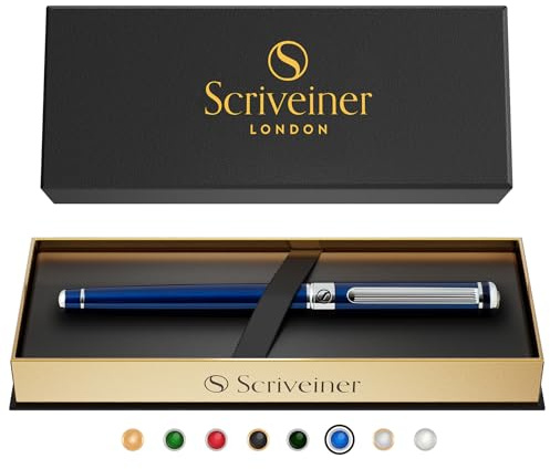 Scriveiner Bolígrafo Midnight Blue, Magnífico Bolígrafo Roller Deluxe Cromado Azul Oscuro Noche, Recambio Tinta Schmidt, Perfecto para Regalar a Hombres, Mujeres y Ejecutivos