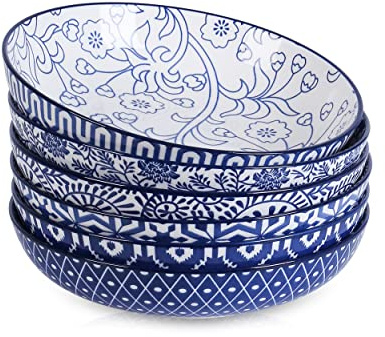 Selamica Porcelain 26 Ounce Pasta Bowls Set of 6, 8 inch Wide and Shallow Salad Bowls, Serving Bowls, Microwave & Dishwasher Safe, Sturdy & Stackable, Vintage Blue