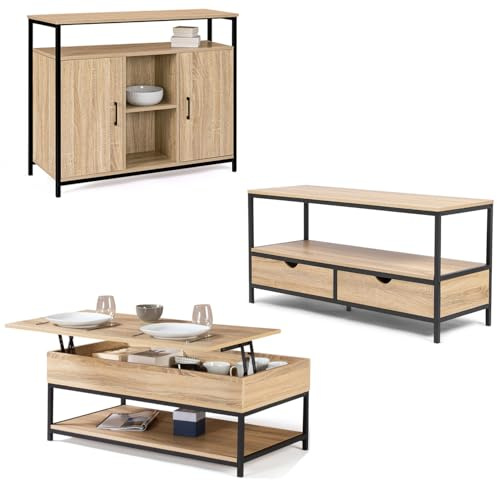 IDMarket - Ensemble Meubles de Salon Buffet, Table Basse relevable et Meuble TV Detroit Design Industriel
